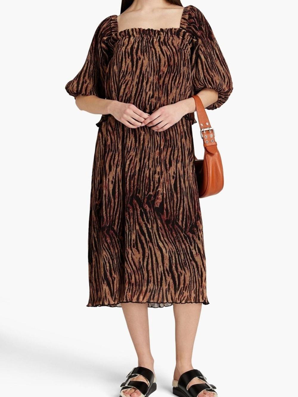 Ganni Layered Tiger-Print Plissé-Georgette Midi Dress Tiered Size 2